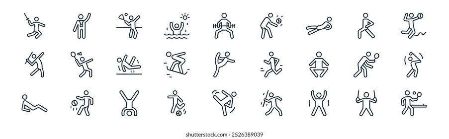 linear athlete and s icon pack. vector thin line gymnastic rings, winner, badminton, exercise, skateboarding, golf, exercise, badminton icons suitable for apps and websites ui designs