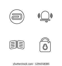 Linear Attach, Open Book, Alarm, Unblocked Vector Illustration Of 4 outline Icons. Editable Pack Of Attach, Open Book, Alarm, Unblocked