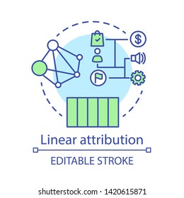 Linear attribution concept icon. Multi-touch attribution model idea thin line illustration. Attribution modeling type. Marketing campaigns analytics. Vector isolated outline drawing. Editable stroke