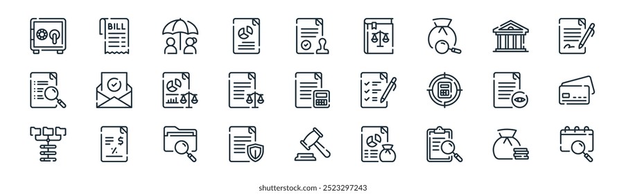 linear audit icon pack. vector thin line finance, bill, umbrella, bank, legal paper, credit card, auction, schedule icons suitable for apps and websites ui designs