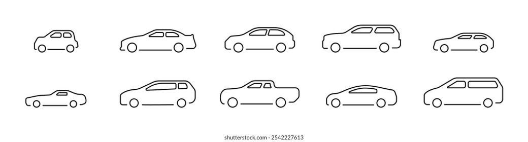 Conjunto de ícones de vetor automático linear. Esquema do carro. Formas de carrocerias de automóveis. Conjunto de ícones de tipos de carros. Vista linear lateral do carro. Conjunto vetorial de ícones de carro. Ilustração vetorial.