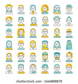 icono de avatar lineal personas con desplazamiento plano multicultural