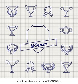 Linear awards icons set on notebook page. Vector illustration
