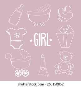 Linear baby girl items set, vector format