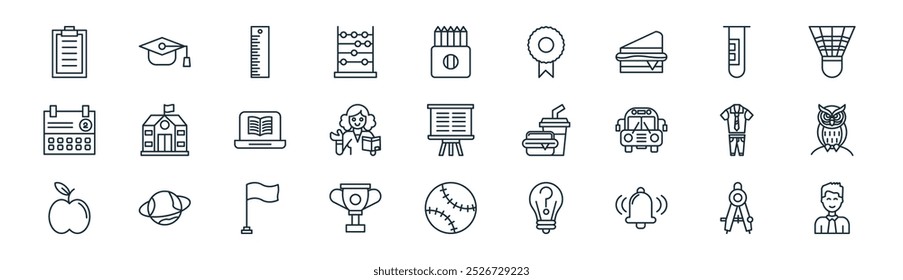 linear back to school icon pack. vector thin line protactor, graduation, ruler, tube, teacher, owl, ball, student icons suitable for apps and websites ui designs