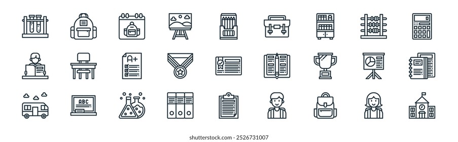 linear back to school icon pack. vector thin line girl, school bag, calendar, abacus, medal, notebook, clipboard, school icons suitable for apps and websites ui designs