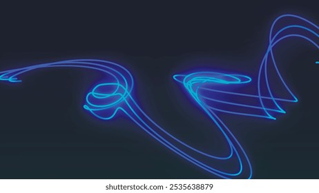 Linear background. Bright blue neon glowing fast moving lines along the trajectory. Fast flying wave Linear background. Animated vortex trajectory on a dark background.