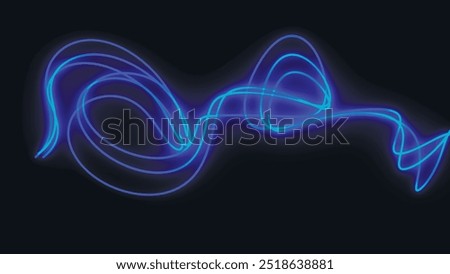 Linear background. Bright blue neon glowing fast moving lines along the trajectory. Fast flying wave Linear background. Animated vortex trajectory on a dark background.