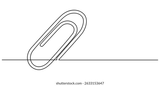 Linear background of paper clip. One continuous line drawing of a paper clip, Single line drawing illustration of Metal paper clip. Realistic paper clip concept vector art. Doodle line illustration. 