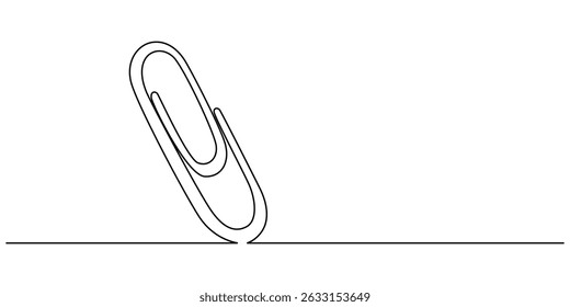Linear background of paper clip. One continuous line drawing of a paper clip, Single line drawing illustration of Metal paper clip. Realistic paper clip concept vector art. Doodle line illustration. 
