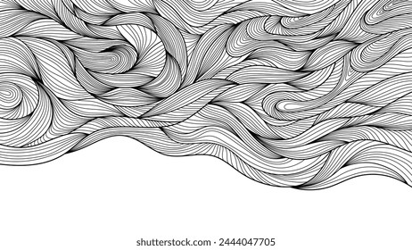 Linear background pattern. Thin abstract black lines on a white background. Vector illustration of wave ornament.