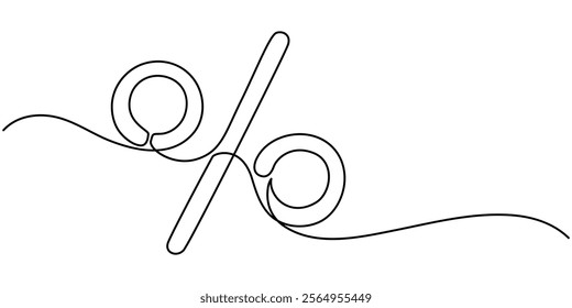 Linear background of percent sign. One continuous line drawing of a percent sign. Vector illustration. Linear percent icon isolated, Continuous one line percent sign. Stock illustration.