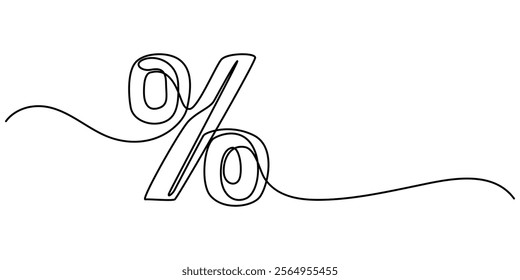 Linear background of percent sign. One continuous line drawing of a percent sign. Vector illustration. Linear percent icon isolated, Continuous one line percent sign. Stock illustration.