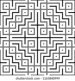 Linear background. Squares, zigzag lines pattern. Spanish ethnic ornament.  Tribal motif. Folk wallpaper. Repated geometrical figures, curves backdrop. Digital paper, textile print. Seamless abstract.