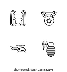 Linear Backpack, Helicopter, Medal, Granade Vector Illustration Of 4 outline Icons. Editable Pack Of Backpack, Helicopter, Medal, Granade