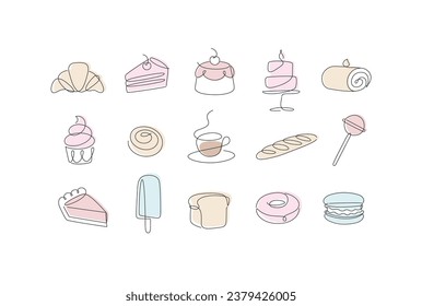 Linear bakery and dessert icons cupcake, lollipop, coffee, baguette, pie, doughnut, ice cream, cake, macarons, bread, biscuit drawing in pen line style on light background