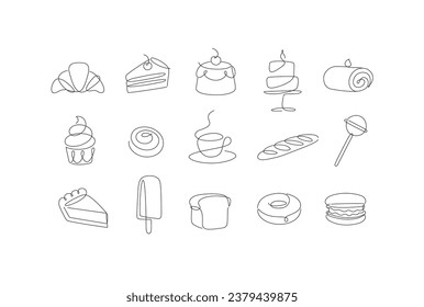 Linear bakery and dessert icons cupcake, lollipop, coffee, baguette, pie, doughnut, ice cream, cake, macarons, bread, biscuit drawing in pen line style on white background