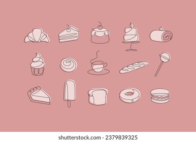 Panadería lineal e íconos de postre quequito, chupete, café, baguette, tarta, rosquilla, helado, tarta, macarons, pan, bizcocho dibujando en línea de pluma sobre fondo de coral