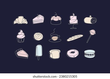 Linear bakery and dessert icons cupcake, lollipop, coffee, baguette, pie, doughnut, ice cream, cake, macarons, bread, biscuit drawing in pen line style on black background