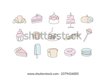 Linear bakery and dessert icons cupcake, lollipop, coffee, baguette, pie, doughnut, ice cream, cake, macarons, bread, biscuit drawing in pen line style on light background