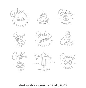 Linear bakery and dessert labels croissant, cupcake, pie, baguette, cake, coffee, ice cream, doughnut with lettering drawing in pen line style on white background