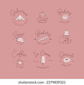 Linear bakery and dessert labels croissant, cupcake, pie, baguette, cake, coffee, ice cream, doughnut with lettering drawing in pen line style on coral background