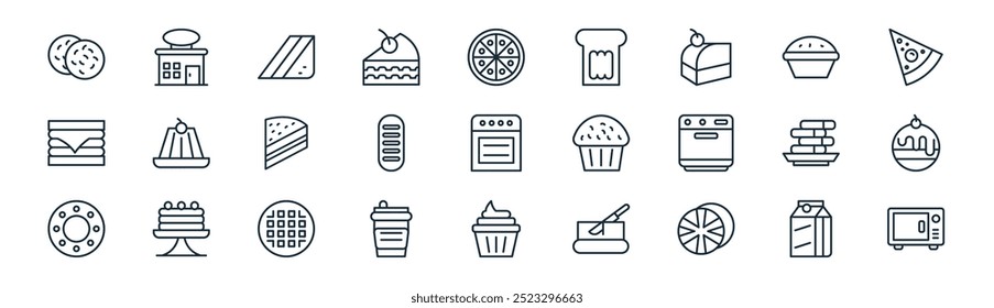 linear bakery icon pack. vector thin line milk, bakery shop, sandwich, pie, bread, strawberry cake, cupcake, oven icons suitable for apps and websites ui designs