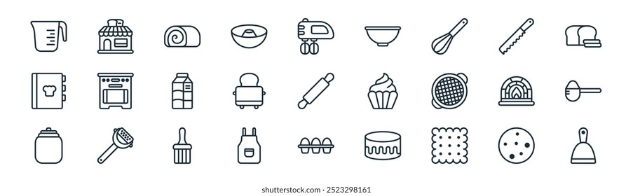 linear bakery icon pack. vector thin line cookie, bakery, swiss roll, knife, toaster, measuring spoon, egg carton, scraper icons suitable for apps and websites ui designs