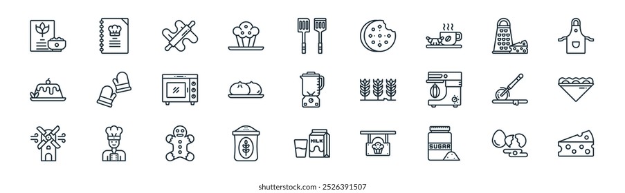 linear bakery icon pack. vector thin line eggs, recipe book, rolling pin, cheese grater, meat bun, sandwich, milk, cheese icons suitable for apps and websites ui designs