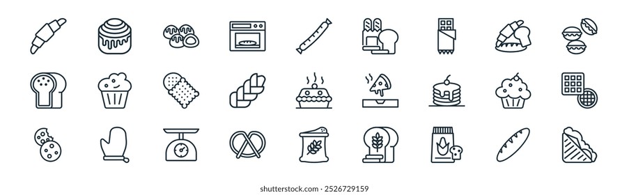 linear bakery icon pack. vector thin line baguette, cinnamon roll, choco balls, bread, challah, waffle, flour, sandwich icons suitable for apps and websites ui designs