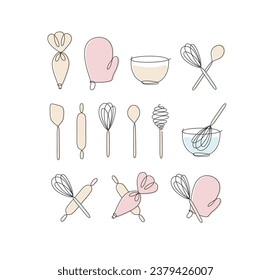 Linear bakery tools pastry bag, potholder, bowl, whisk, spoon, rolling pin, spatula drawing in pen line style on light background