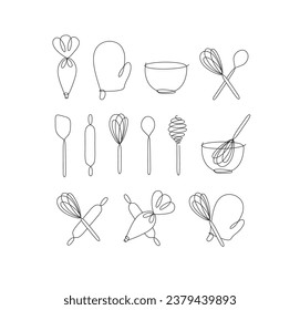 Linear bakery tools pastry bag, potholder, bowl, whisk, spoon, rolling pin, spatula drawing in pen line style on white background