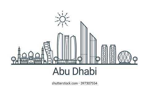 Linear banner of Abu Dhabi city. All buildings - customizable different objects with background fill, so you can change composition for your project. Line art.