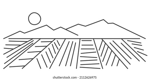 Linear banner with Agriculture nature scene. Mounting and sky landscape. Fields near the mountains. Sun over the mountains. Vector illustration