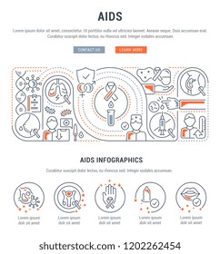 Linear banner of AIDS. Vector illustration of HIV infection and its consequences. AIDS prevention.