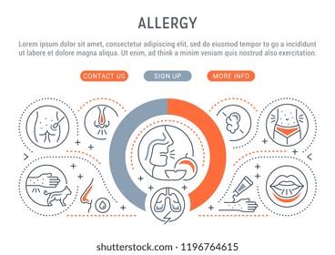 Linear banner of allergy. Vector illustration about the causative agents of allergy.