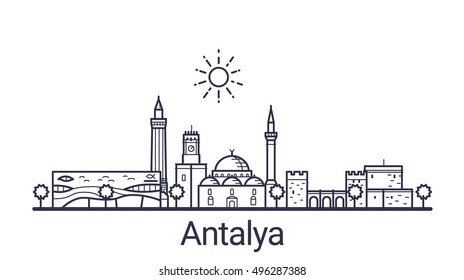 Linear banner of Antalya city. All Antalya buildings - customizable objects with opacity mask, so you can simple change composition and background fill. Line art.