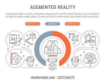 Linear banner of the augmented reality. Vector illustration with flat and isometric elements.