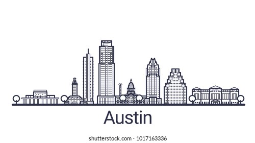 Linear banner of Austin city. All buildings - customizable different objects with clipping mask, so you can change background and composition. Line art.