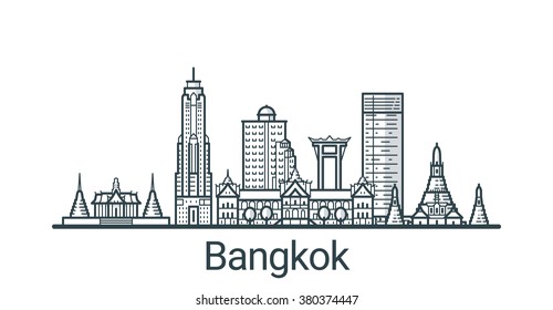 Linear banner of Bangkok city. All buildings - customizable different objects with background fill, so you can change composition for your project. Line art.