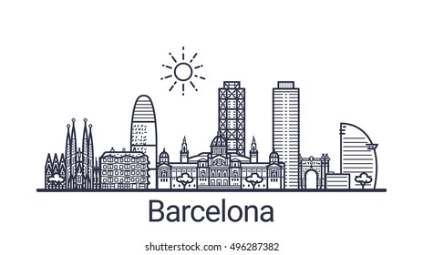 Linear banner of Barcelona city. All Barcelona buildings - customizable objects with opacity mask, so you can simple change composition and background fill. Line art.