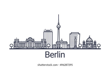 Banner lineal de la ciudad de Berlín. Objetos personalizables con máscara de opacidad, para que pueda cambiar la composición y el relleno de fondo. Arte de línea.