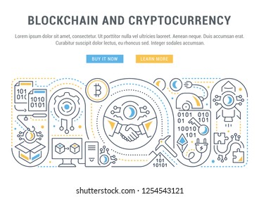Linear banner of the blockchain and cryptocurrency. Vector illustration of the mining. 