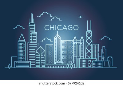 Linear banner of Chicago city. Line art.