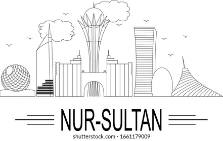
Linear Banner Of The City Of Nur Sultan. Vector Illustration. Line Art.