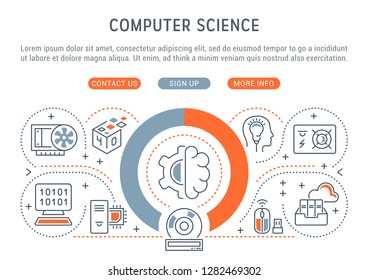 Linear banner of the computer science. Vector linear icons for web sites and applications.   