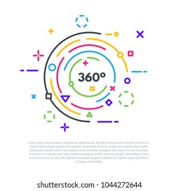 Linear banner concept. 360 degrees logo. VR or 360 video emblem. Flat style line modern vector illustration. Colorful shapes and circles.