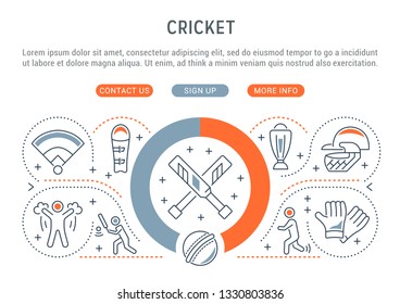 Linear banner of the cricket. Vector linear icons for web sites and applications.   