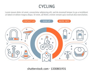 Linear banner of the cycling. Vector linear icons for web sites and applications.   