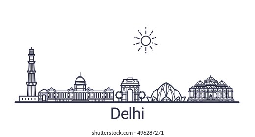 Linear banner of Delhi city. All Delhi buildings - customizable objects with opacity mask, so you can simple change composition and background fill. Line art.